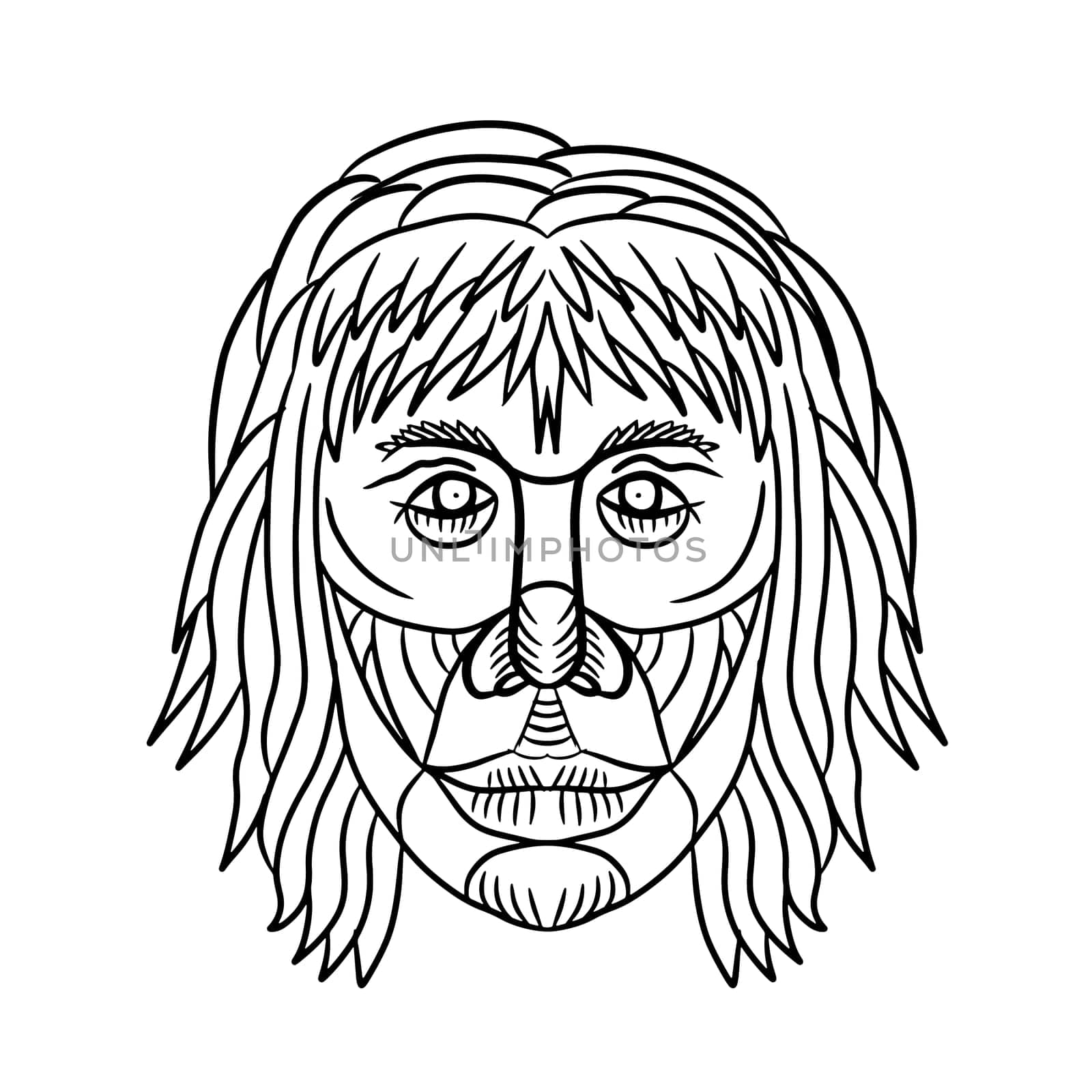 Drawing sketch style illustration of a homo habilis face, one of the earliest members of the genus Homo or early primitive man viewed from front on isolated white background in black and white.