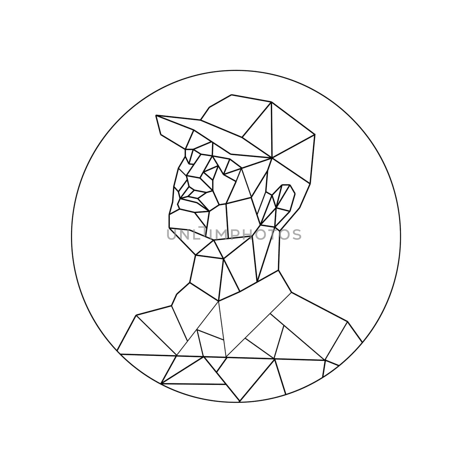Low polygon style illustration of a union worker or tradesman wearing a baseball cap looking up set inside circle or oval done in black and white on isolated background.