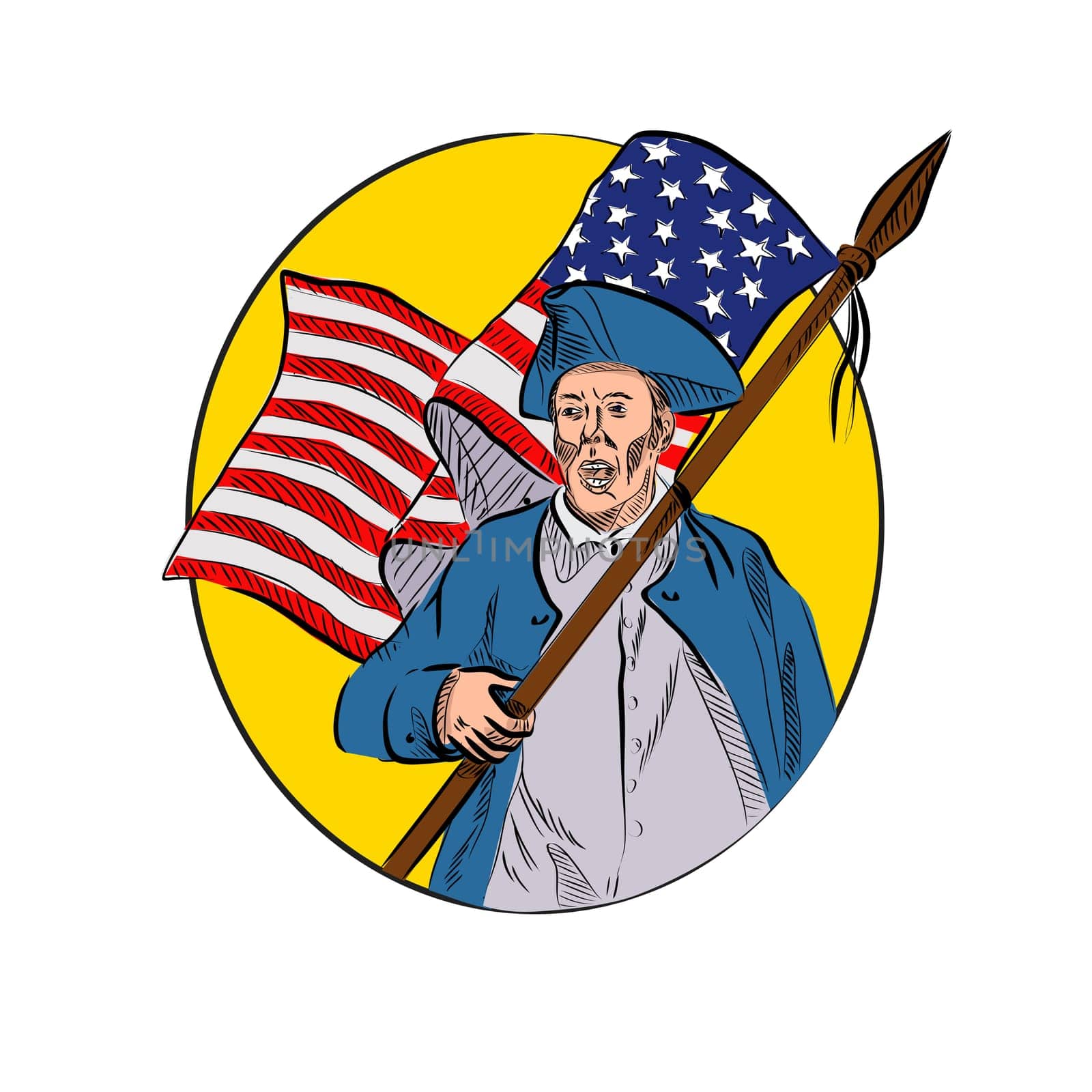Drawing sketch style illustration of an American patriot revolutionary soldier or minuteman militia, holding a USA stars and stripes flag set inside oval on isolated white background.