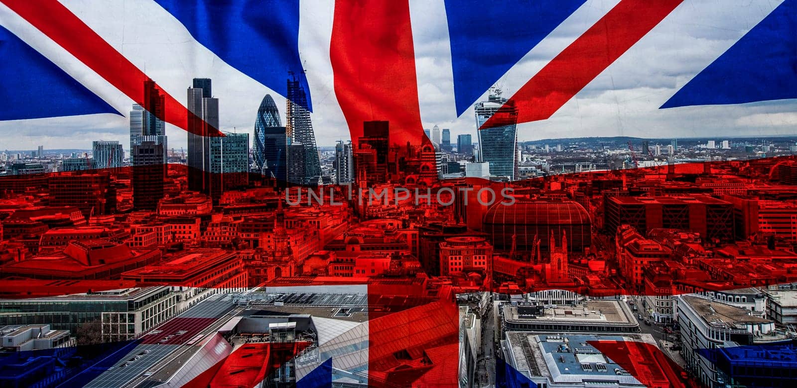brexit concept - double exposure of flags and London skyscrapers
