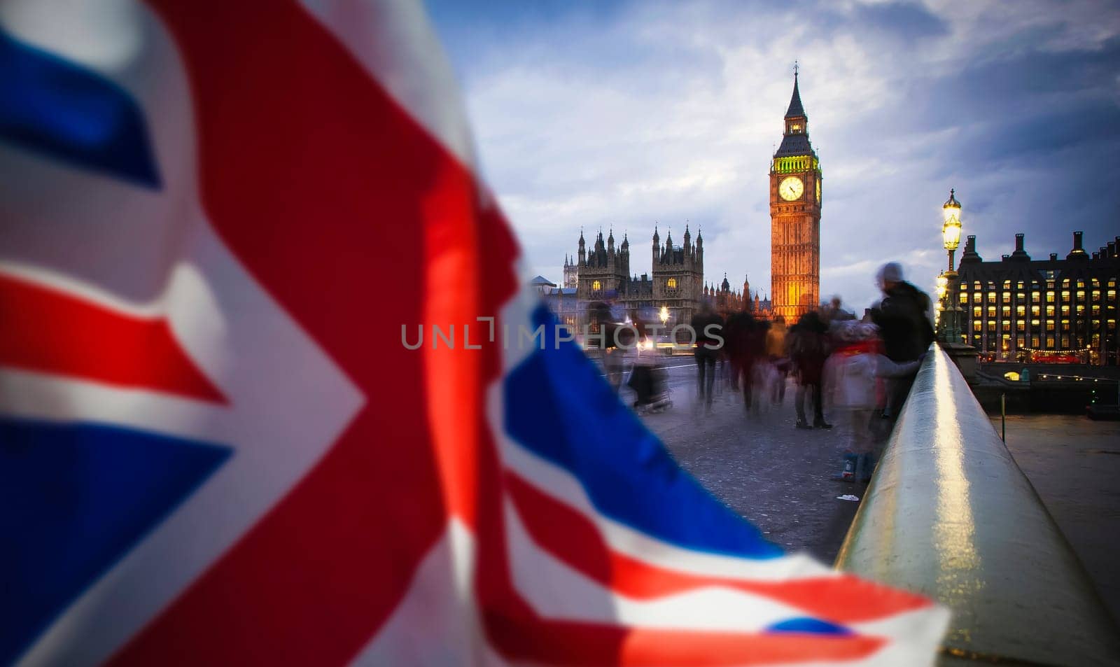 brexit concept - double exposure of flag and Westminster Palace with Big Ben
