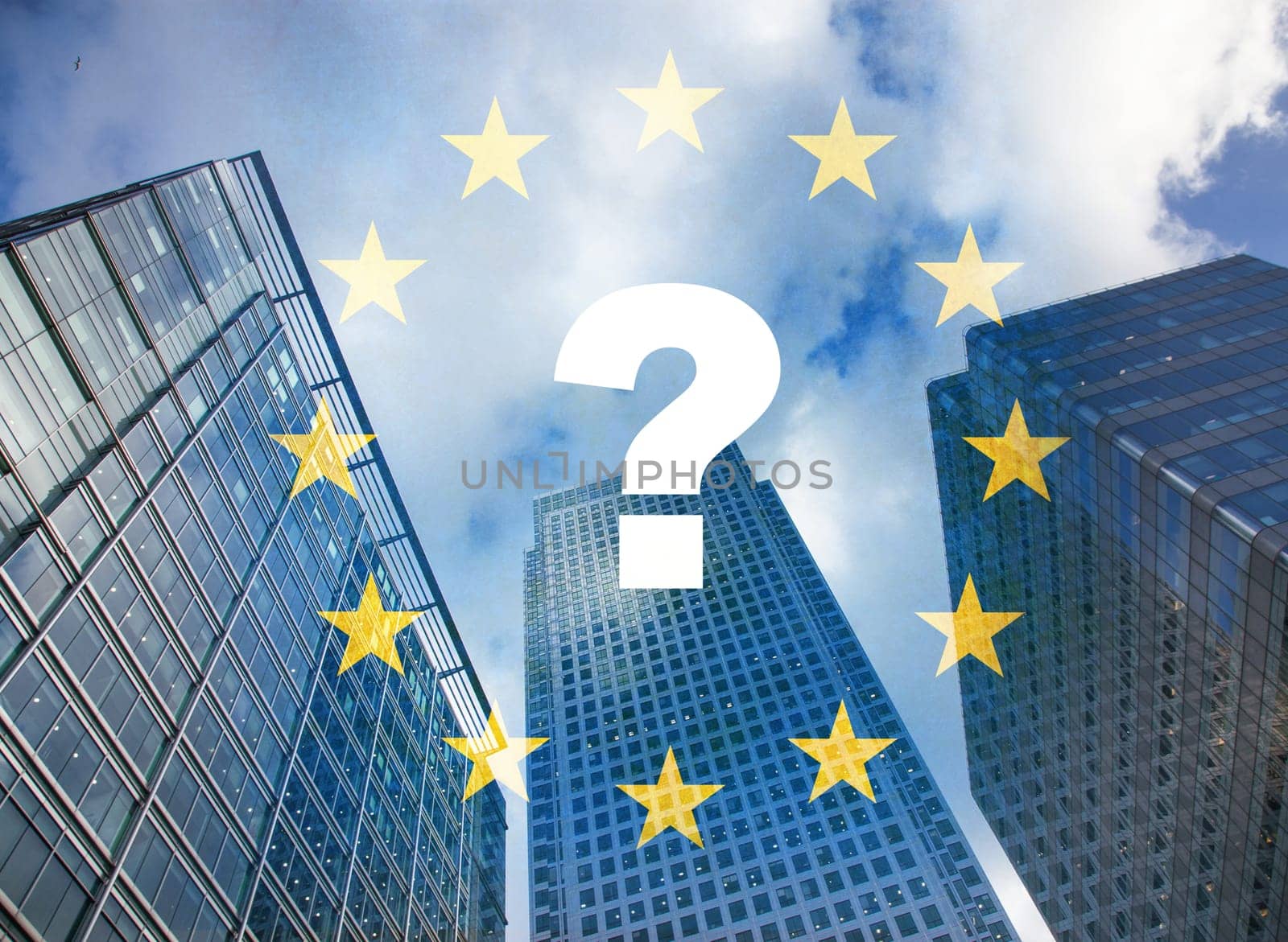 brexit concept - UK economy after Brexit deal - double exposure of flag and Canary Wharf business center skyscrapers