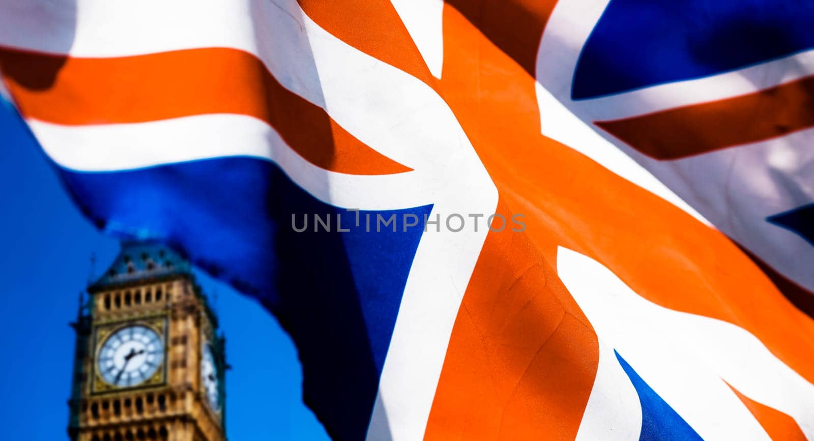 brexit concept - double exposure of flag and Westminster Palace with Big Ben