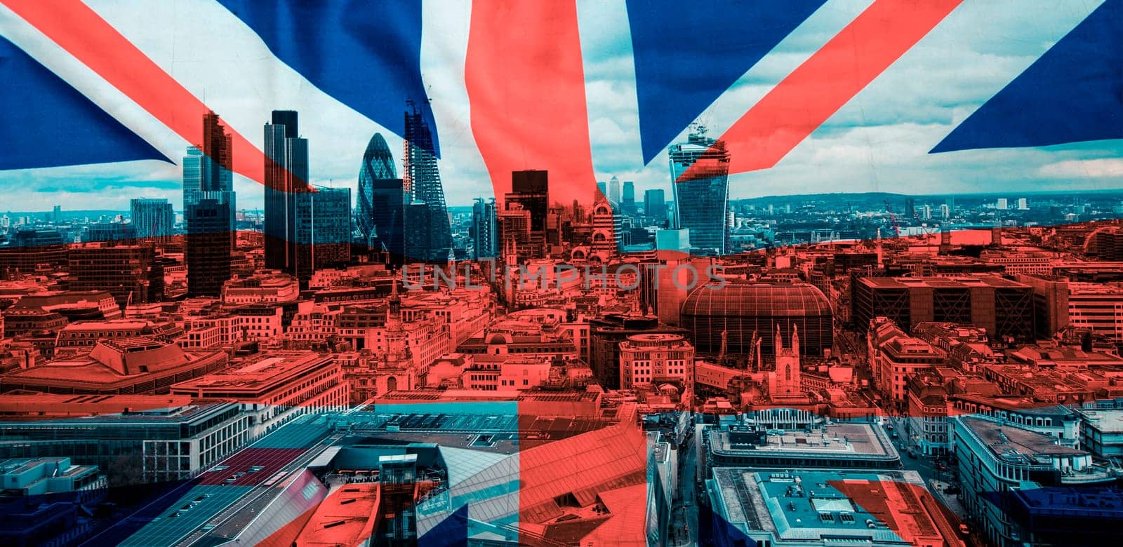 brexit concept - double exposure of flags and London skyscrapers