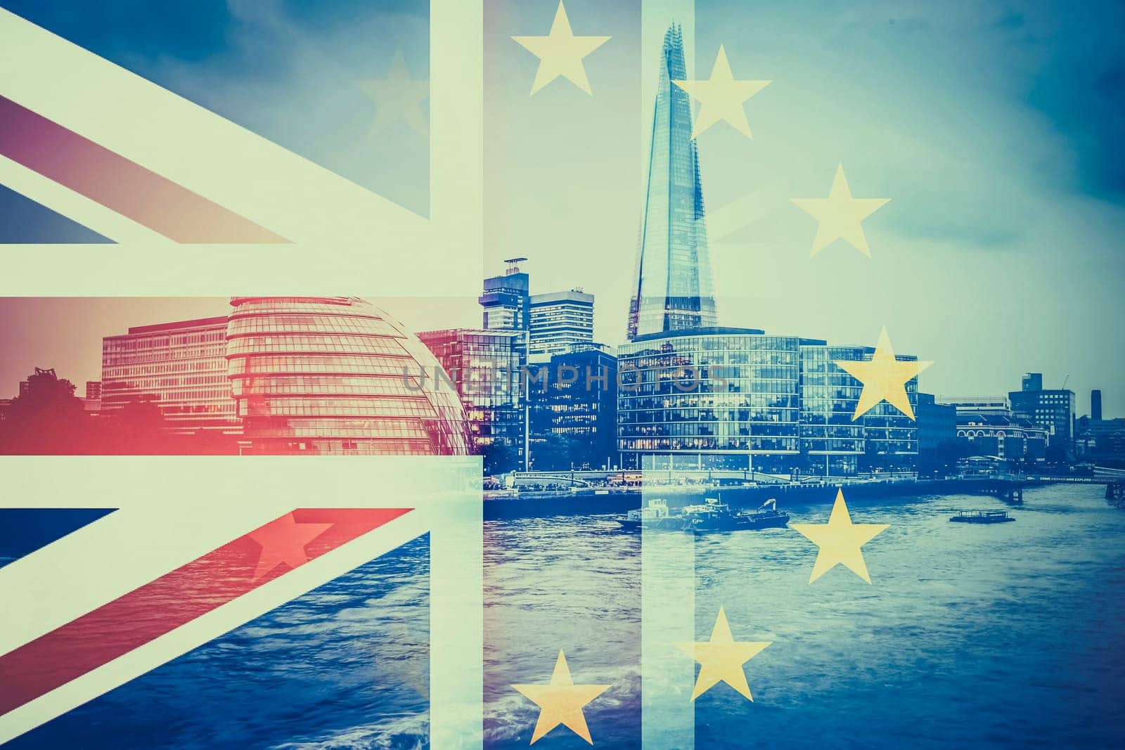 brexit concept - double exposure of flags and London skyscrapers