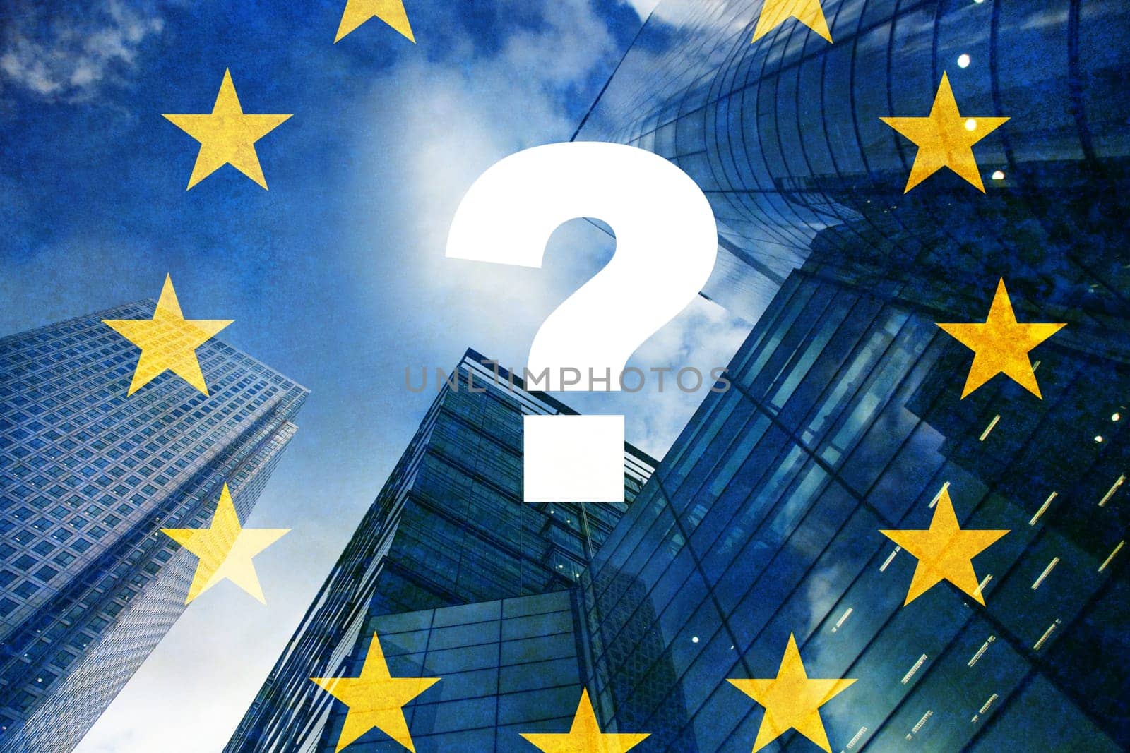 brexit concept - UK economy after Brexit deal - double exposure of flag and Canary Wharf business center skyscrapers