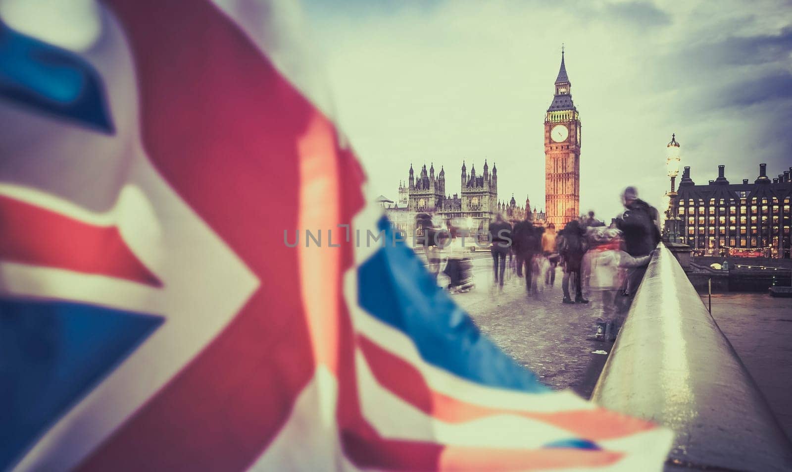 brexit concept - double exposure of flag and Westminster Palace with Big Ben