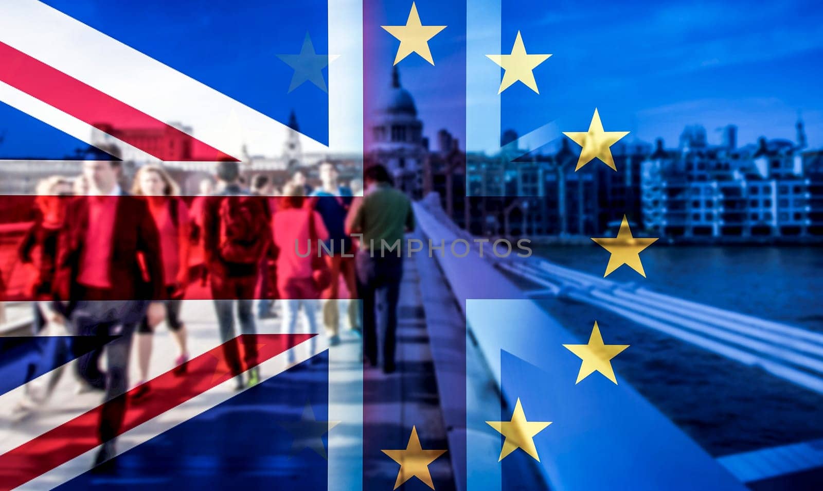 brexit concept double exposure of flag and people walking on Millenium bridge