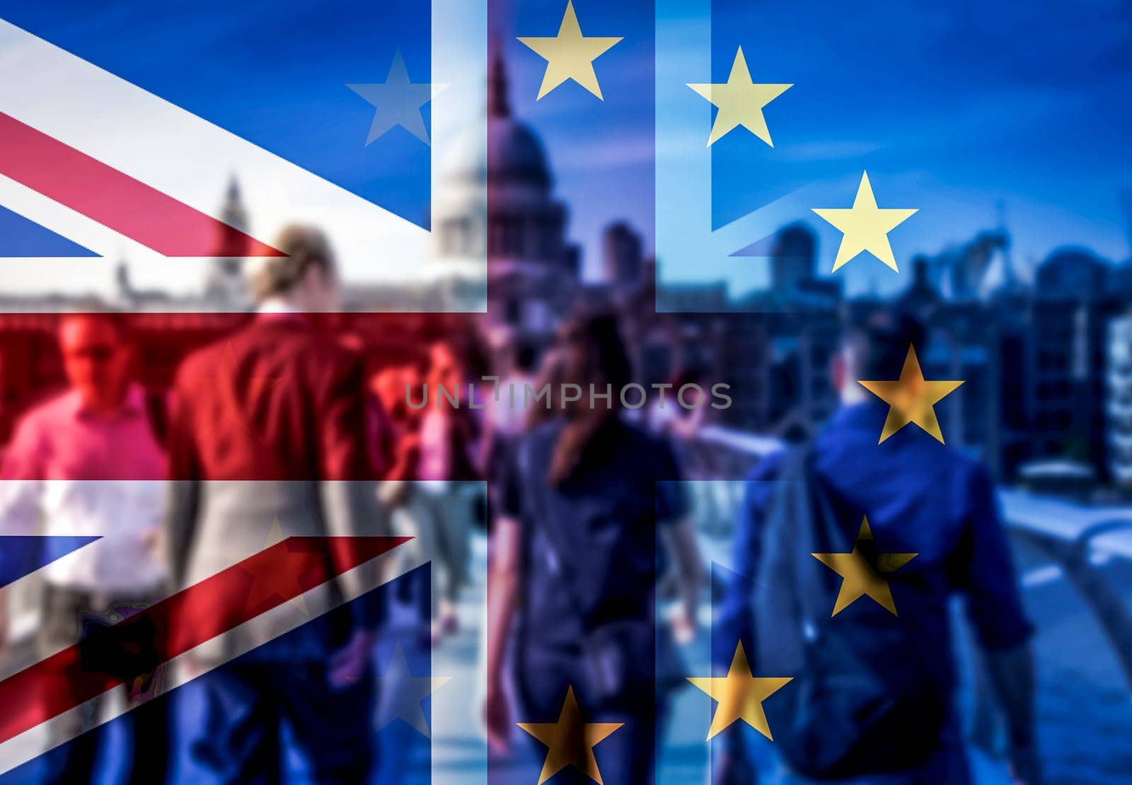 brexit concept - double exposure of flags and people walking on Millenium Bridge