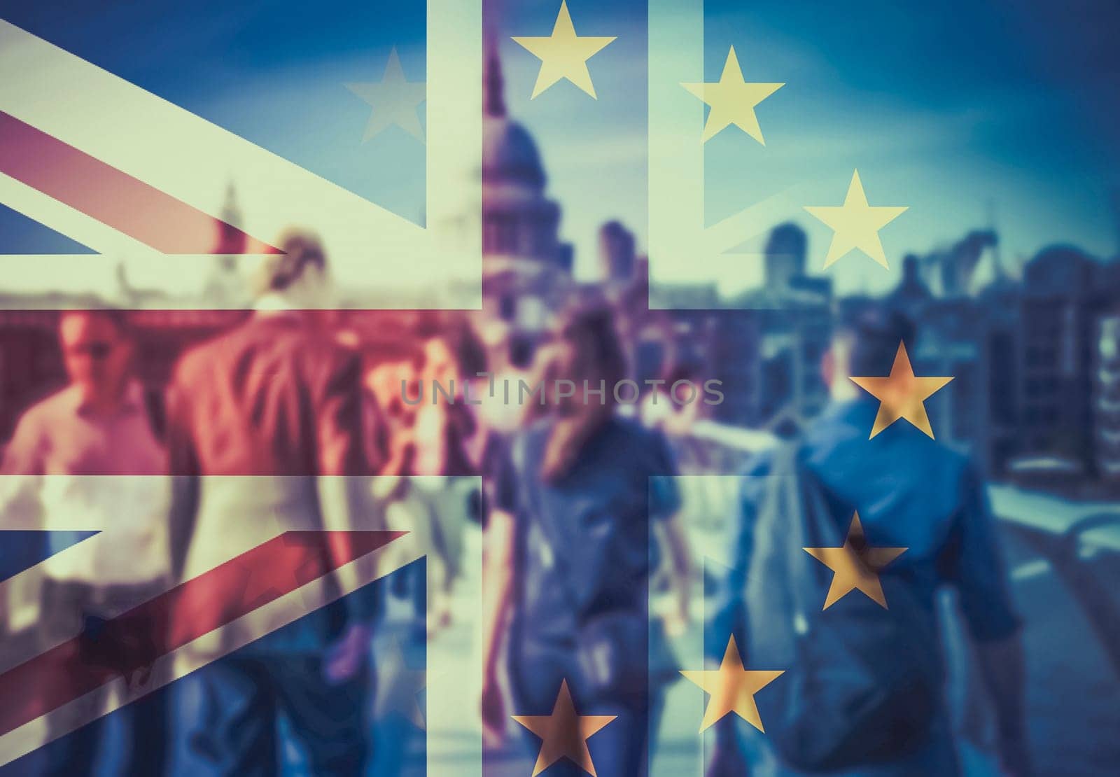 brexit concept - double exposure of flags and people walking on Millenium Bridge