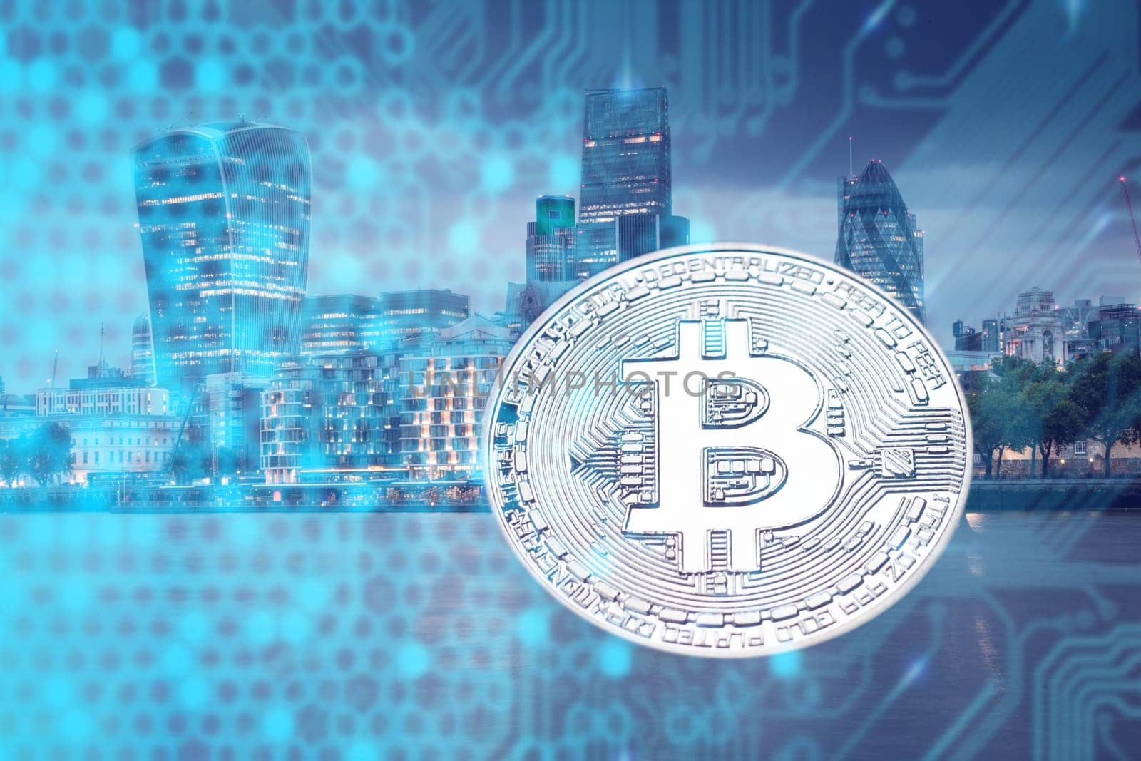 bitcoin against skyscrapers - futuristic smart city - cryptocurrency concept