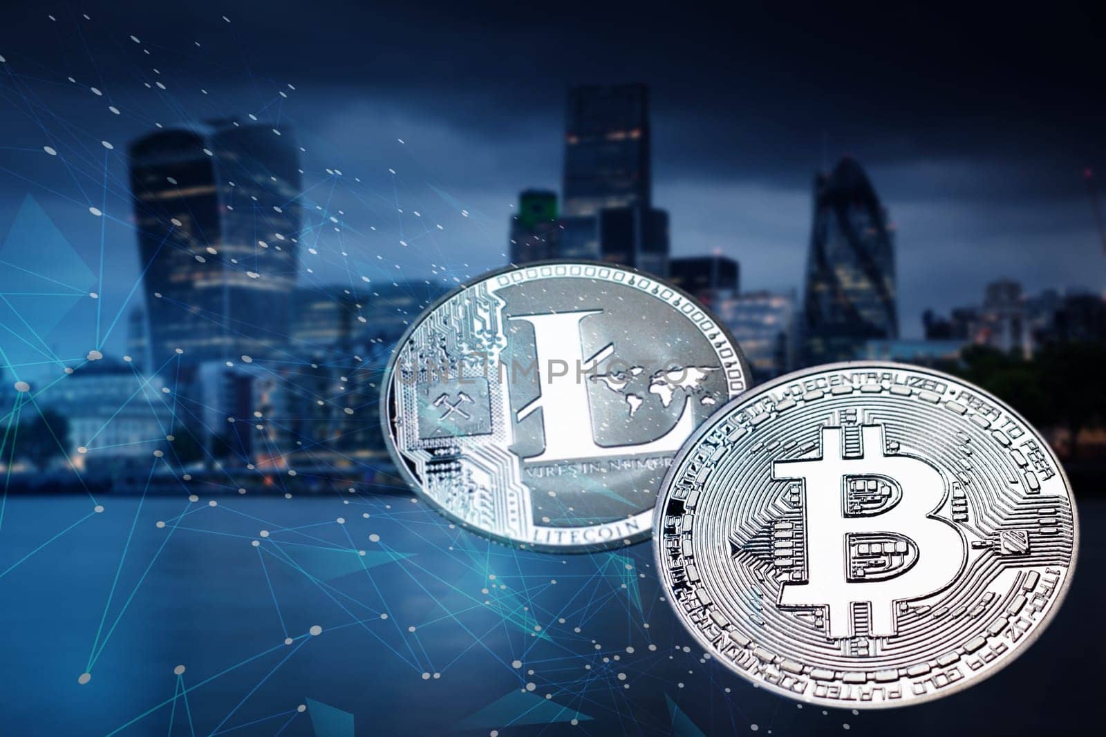 bitecoin, litecoin, ethereum against skyscrapers - futuristic smart city - cryptocurrency transactions concept