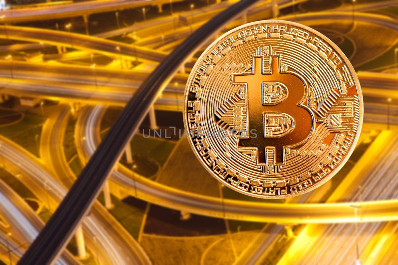 bitcoin and busy traffic in the background - futuristic smart city - cryptocurrency concept