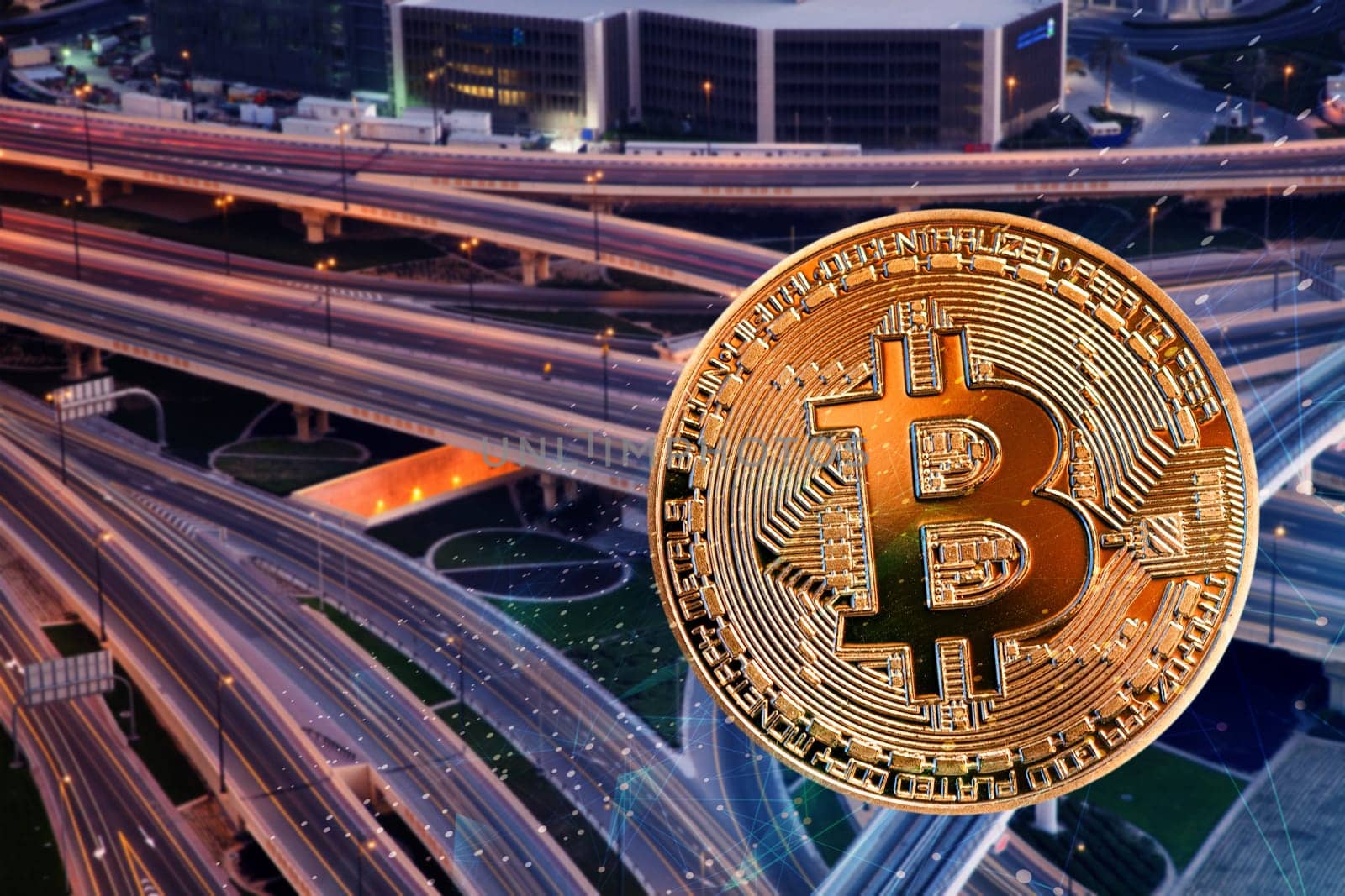 bitcoin against skyscrapers - futuristic smart city - cryptocurrency concept