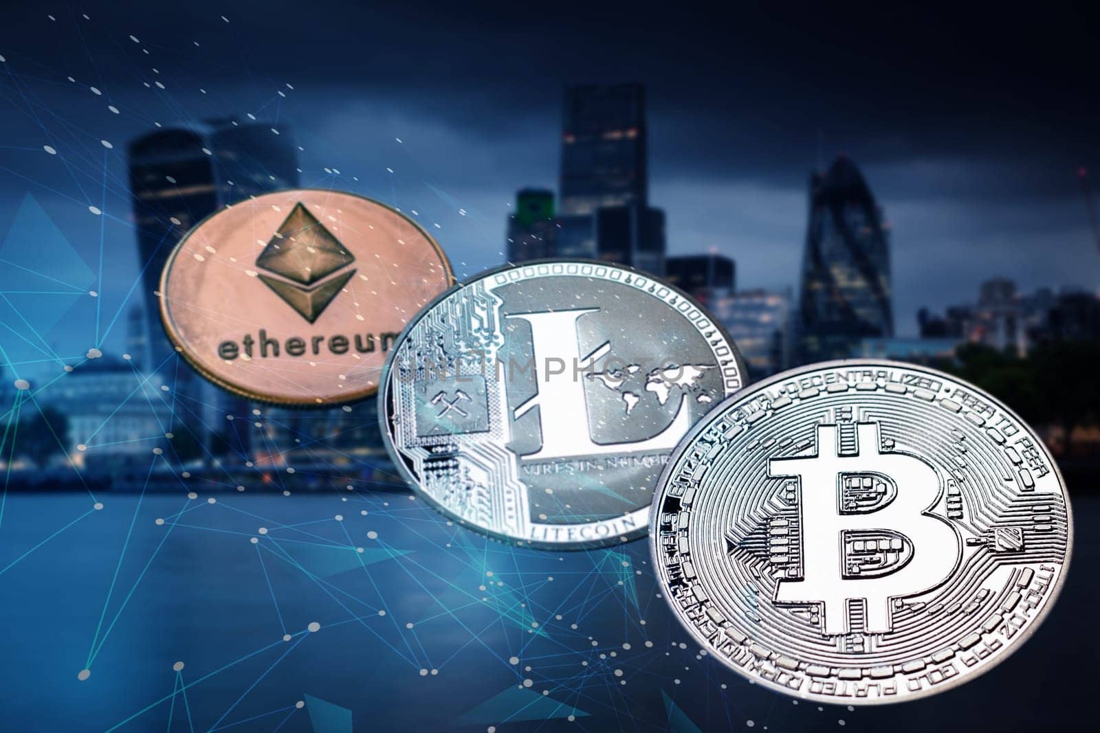 bitecoin, litecoin, ethereum against skyscrapers - futuristic smart city - cryptocurrency transactions concept