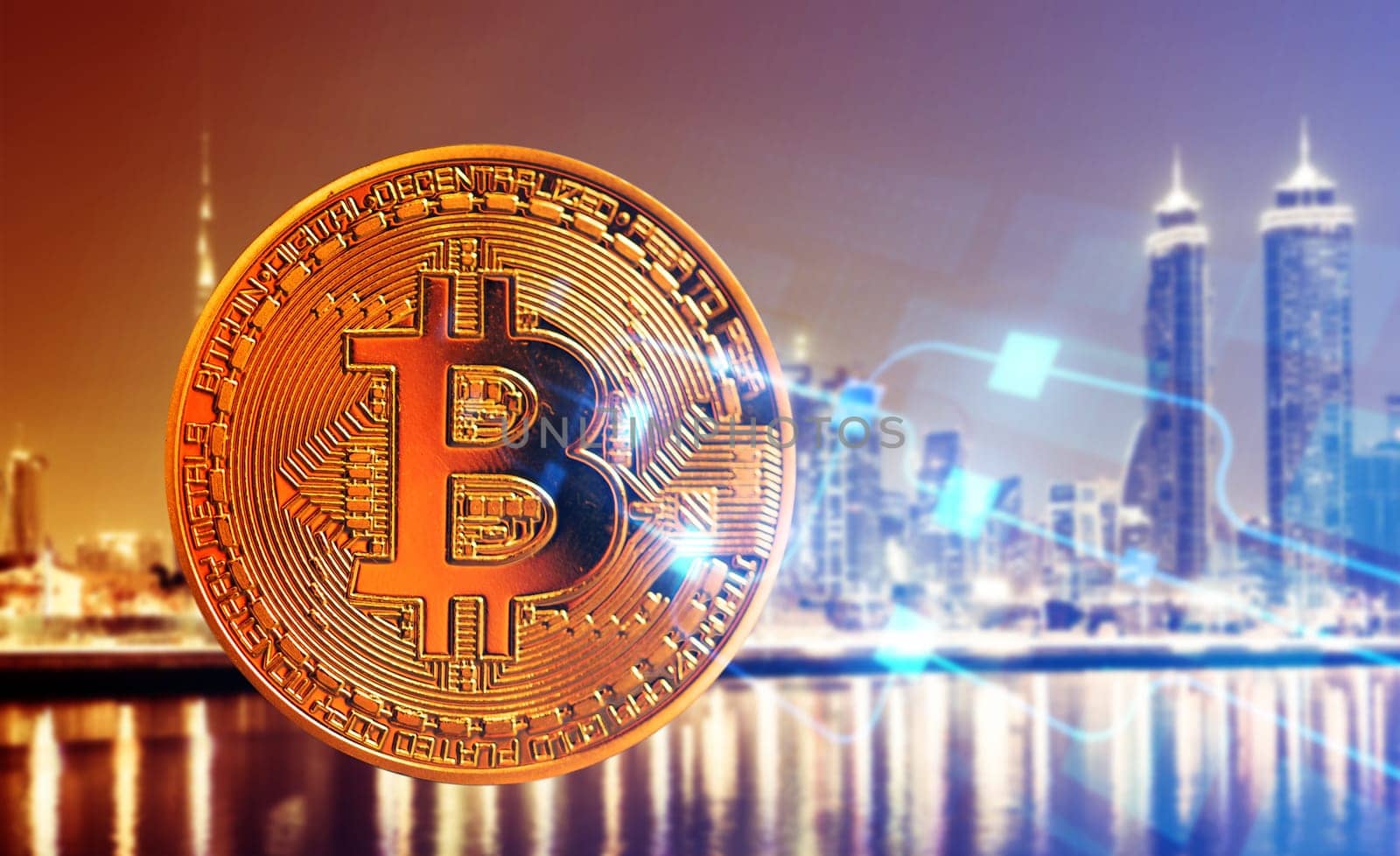 bitcoin against skyscrapers - futuristic smart city - cryptocurrency concept
