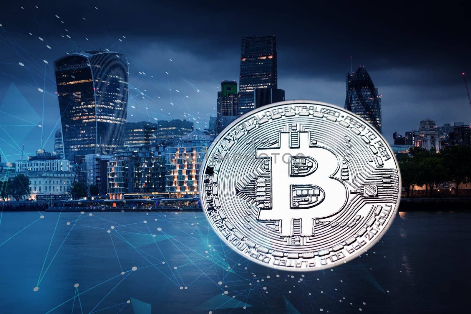 bitcoin against skyscrapers - futuristic smart city - cryptocurrency concept