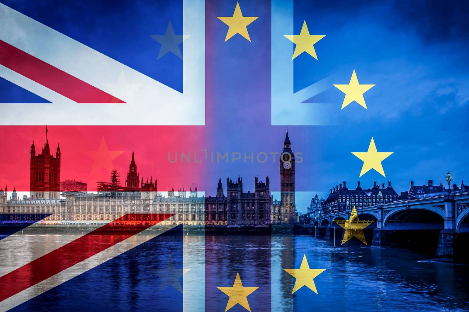 brexit concept - double exposure of flag and Westminster Palace with Big Ben