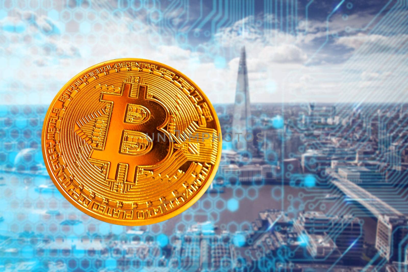 bitcoin against skyscrapers - futuristic smart city - cryptocurrency concept