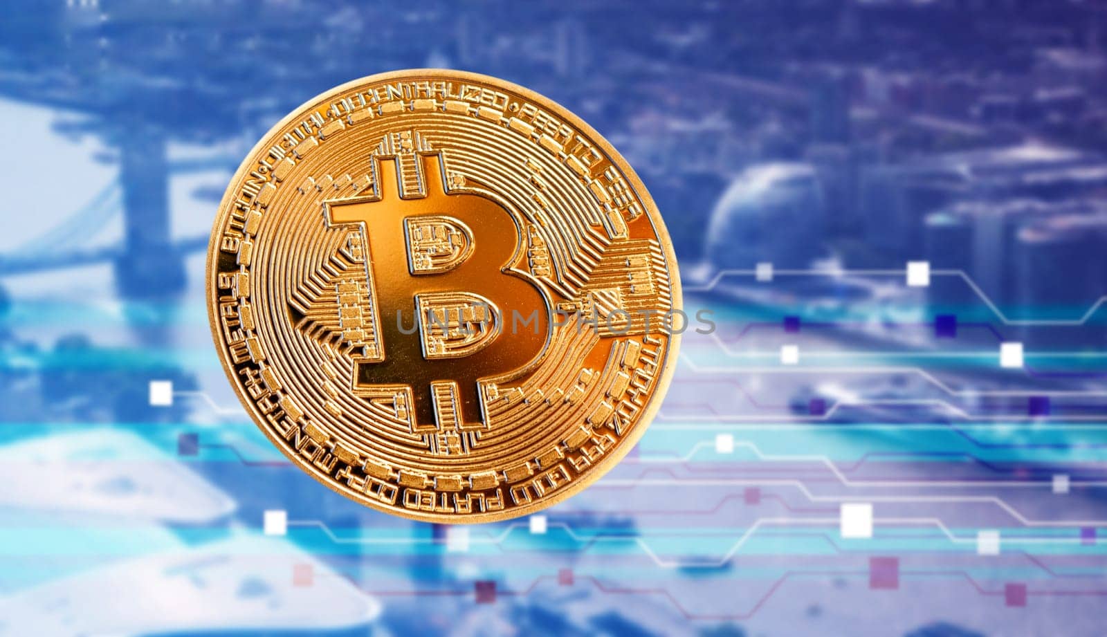 bitcoin against skyscrapers - futuristic smart city - cryptocurrency concept