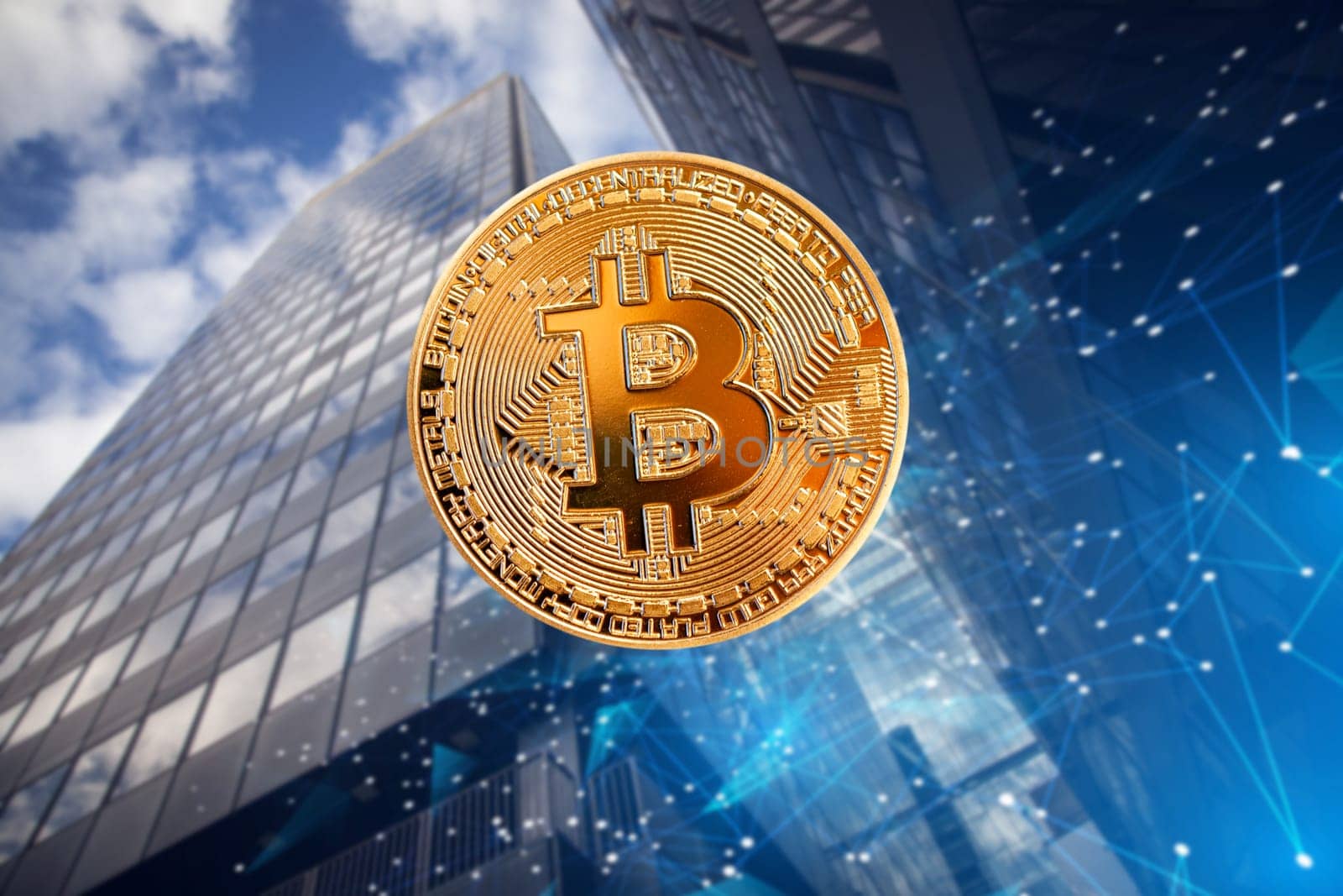 bitcoin against skyscrapers - futuristic smart city - cryptocurrency concept