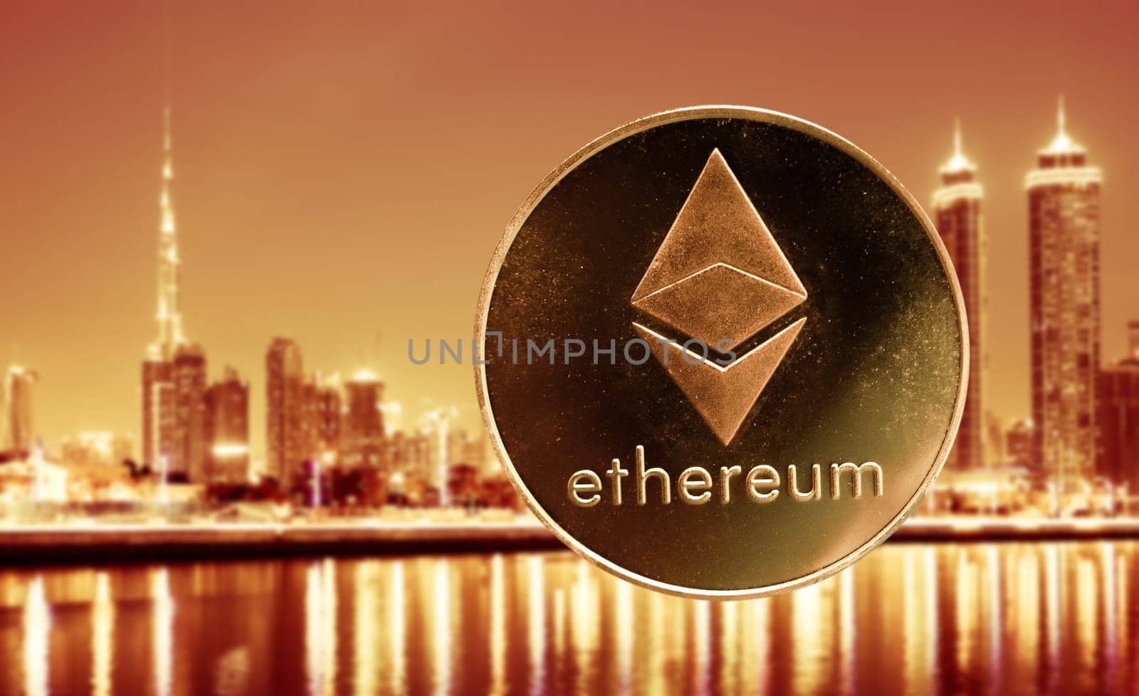 ethereum against skyscrapers - futuristic smart city - cryptocurrency concept