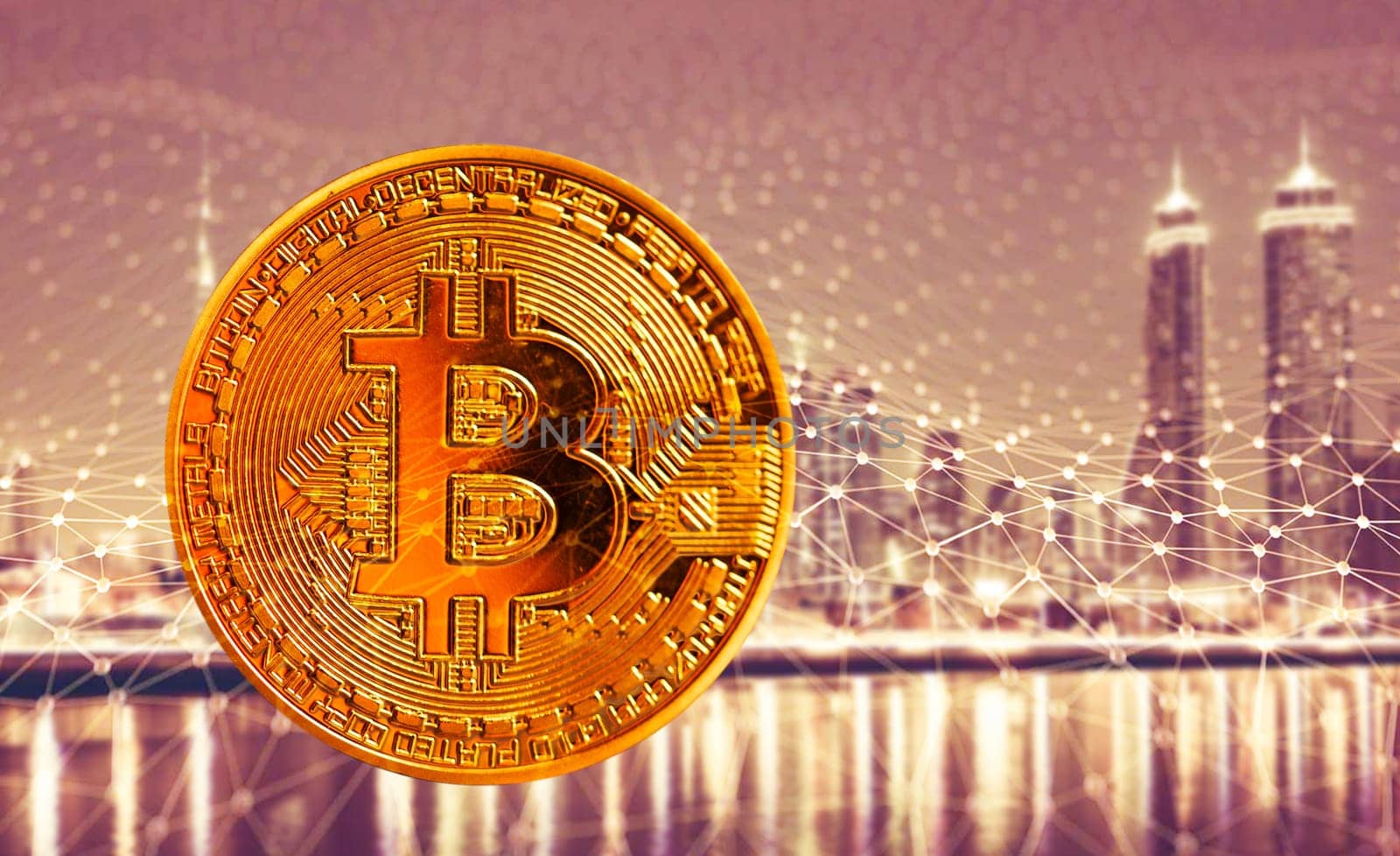 bitcoin against skyscrapers - futuristic smart city - cryptocurrency concept