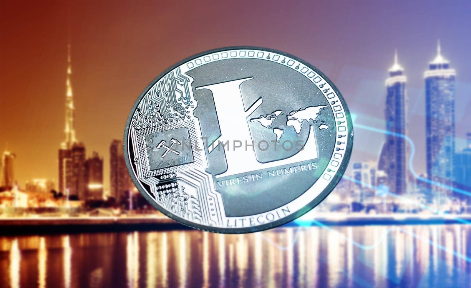 litecoin against skyscrapers - futuristic smart city - cryptocurrency concept