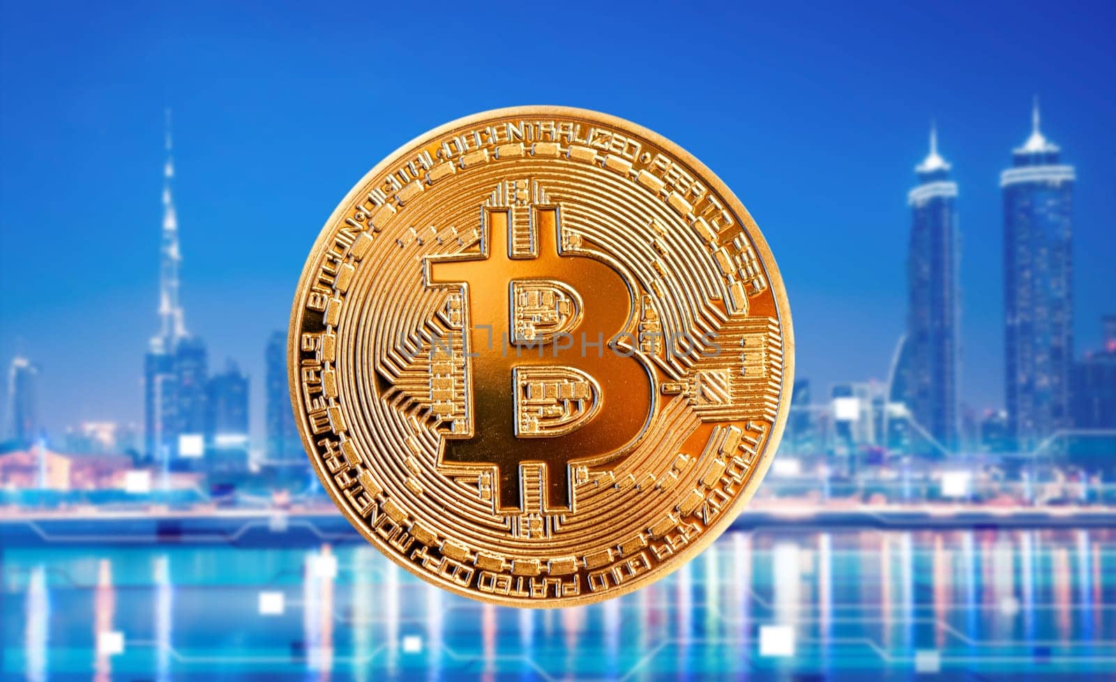 bitcoin against skyscrapers - futuristic smart city - cryptocurrency concept