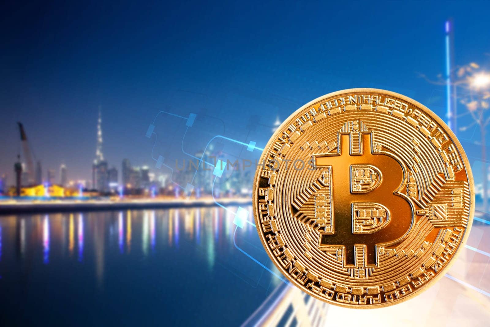 bitcoin against skyscrapers - futuristic smart city - cryptocurrency concept