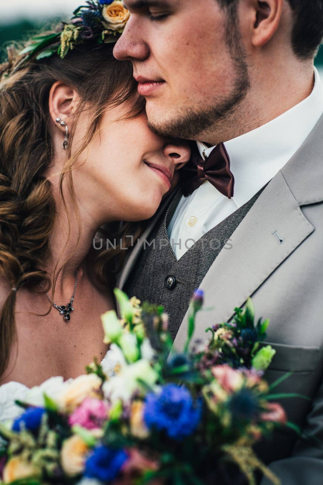 portrait young bride and groom in the style of provence.