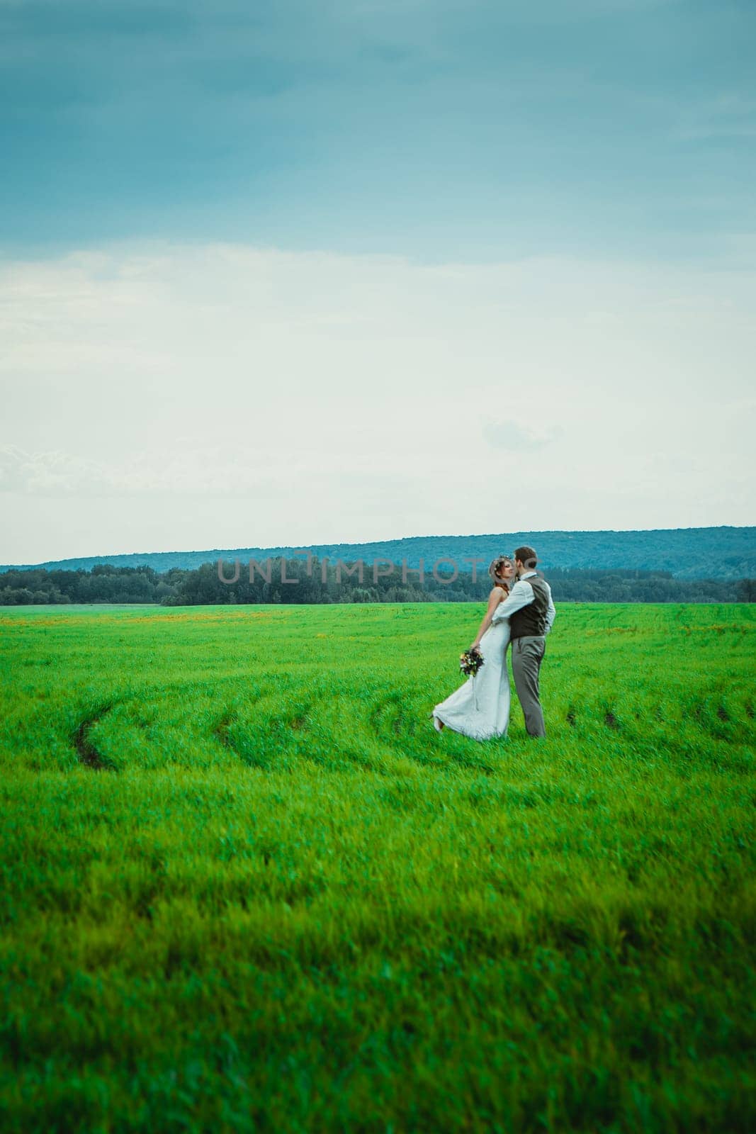 bride and groom stand on the background of the field.
