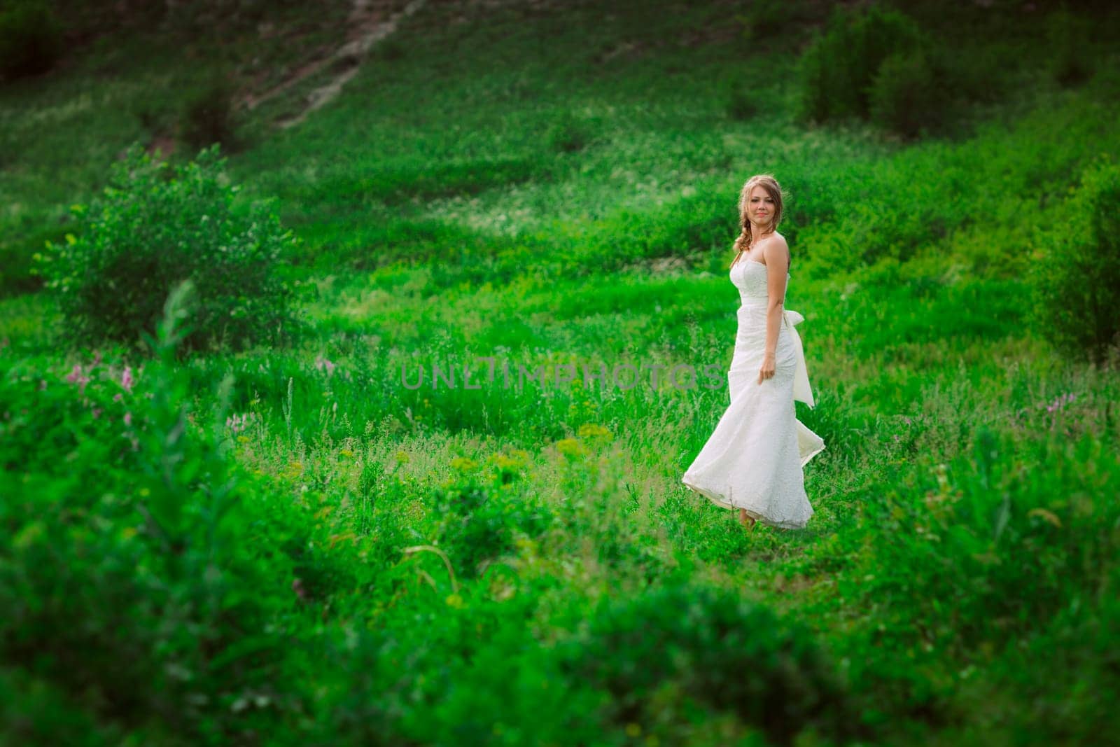 beautiful bride against the backdrop of the mountain and grass.