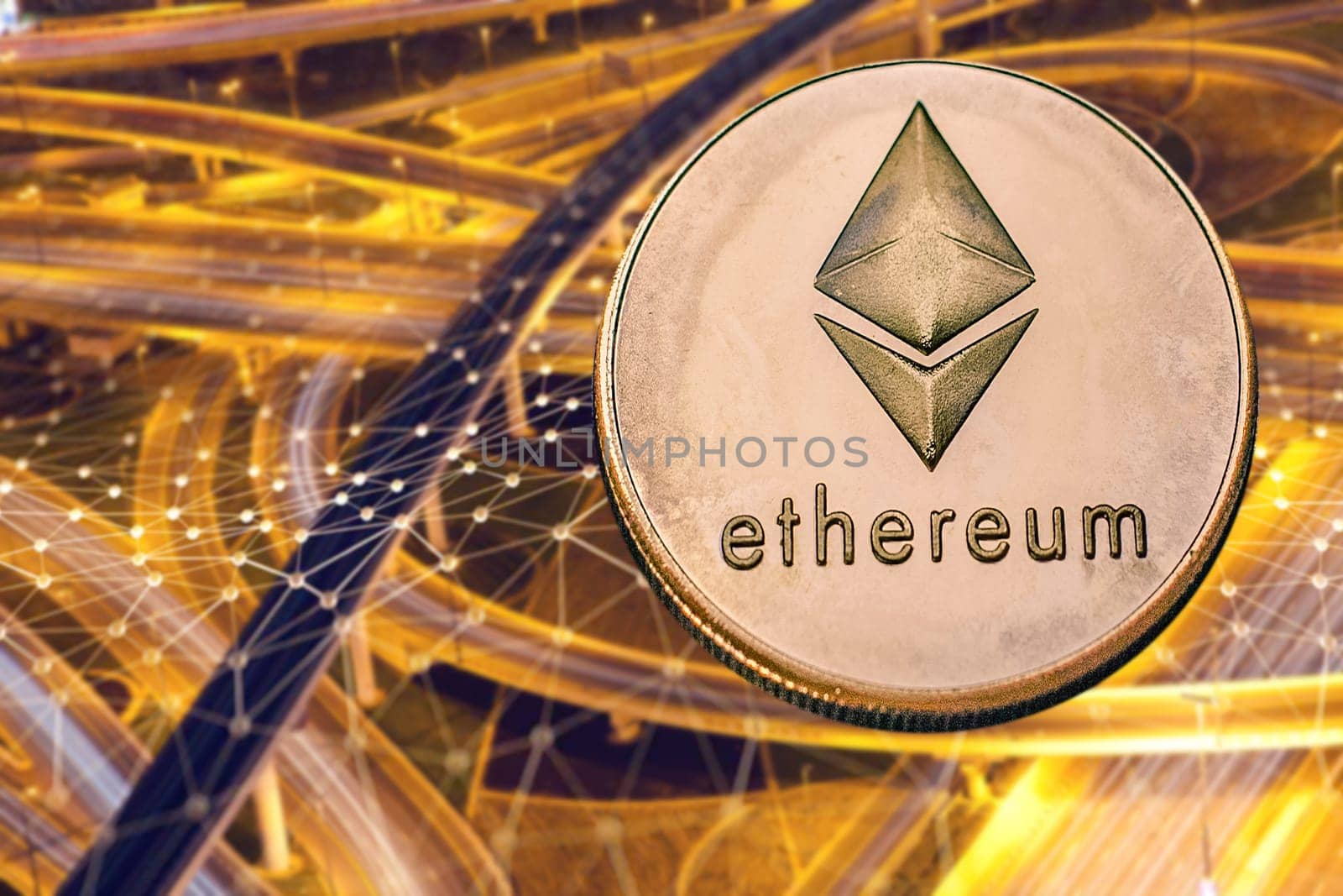 ethereum against skyscrapers - futuristic smart city - cryptocurrency concept