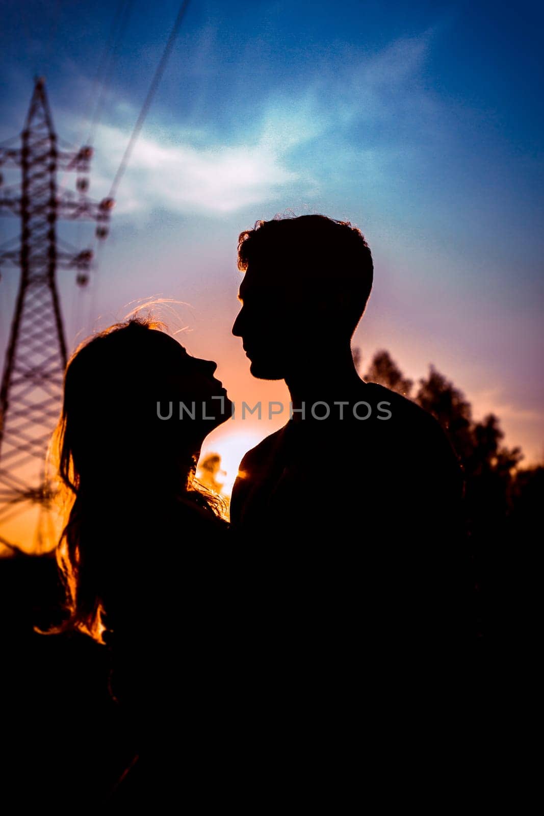 Silhouettes of a guy and girl in a field on a sunset background.