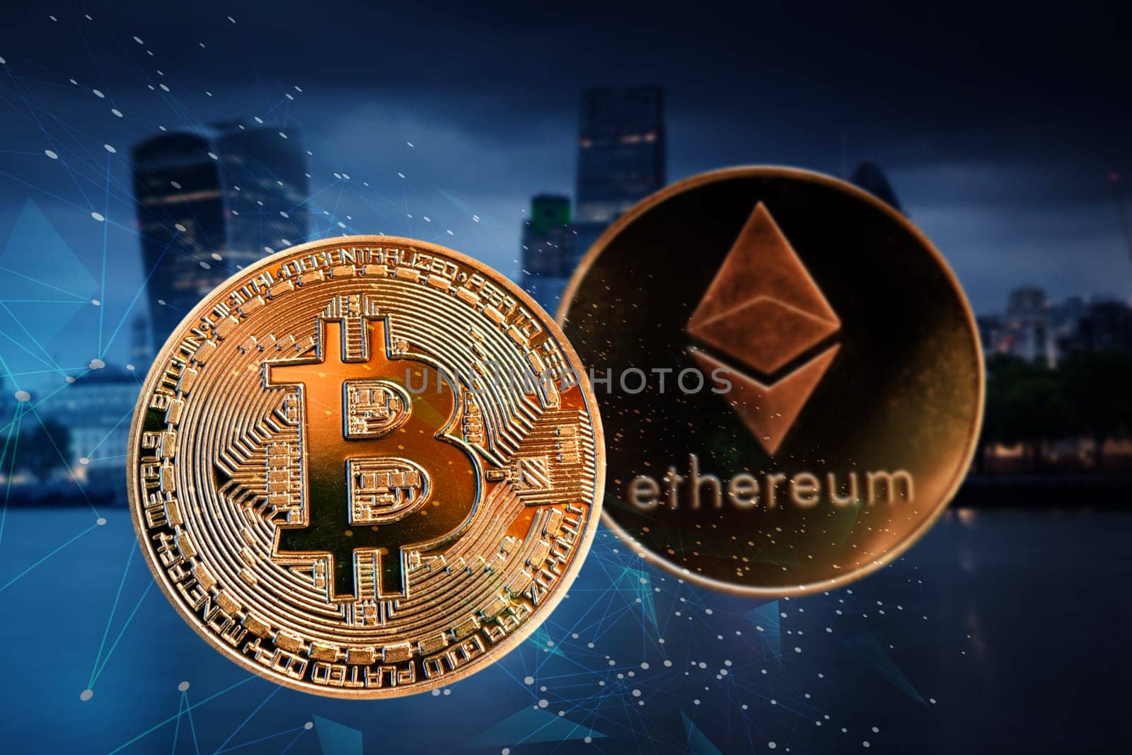 bitecoin, litecoin, ethereum against skyscrapers - futuristic smart city - cryptocurrency transactions concept
