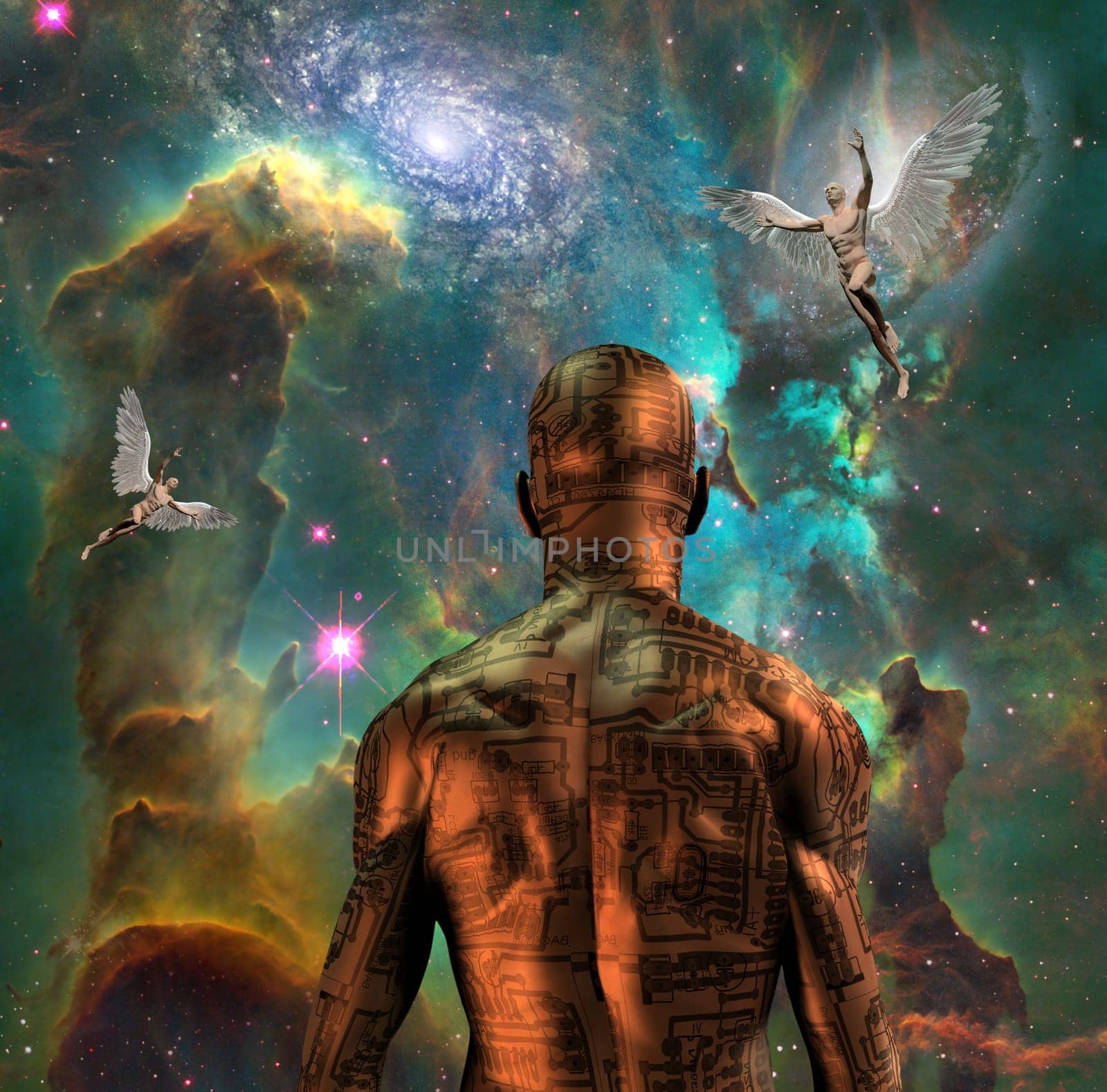 Surreal digital art. Cyborg with electric circuit pattern on his skin stands before nebula in deep space. Naked men with wings represents angels. 3D rendering