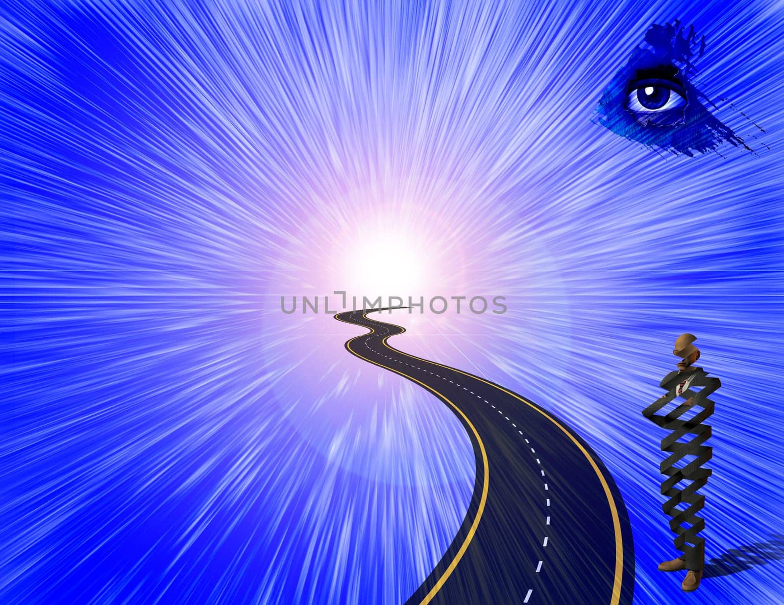 Road to God's Eye. Surreal figure of businessman, helix shape