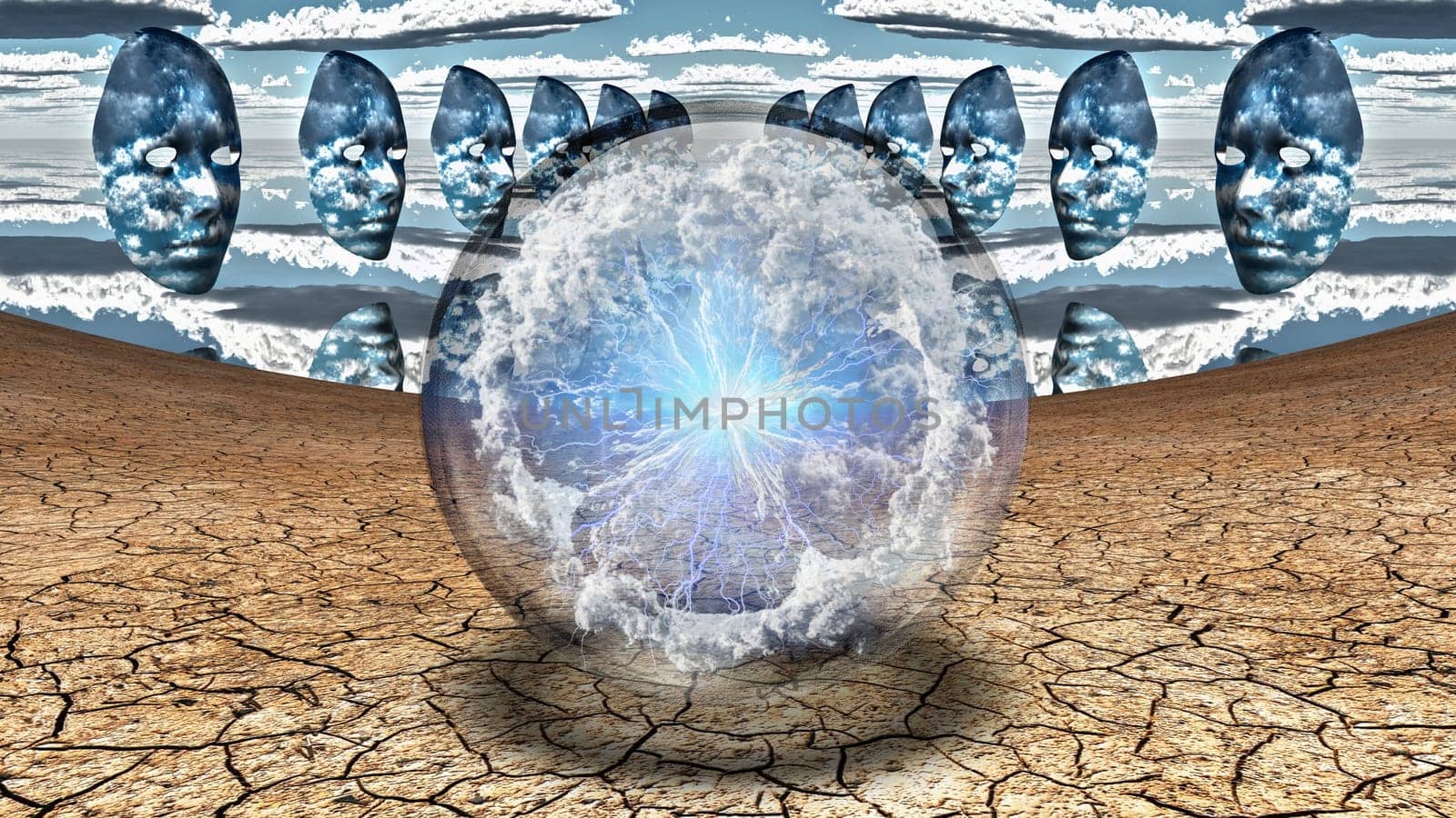 Surrealism. Crystal ball with electric charge and clouds in arid land. Masks hovers in the sky.