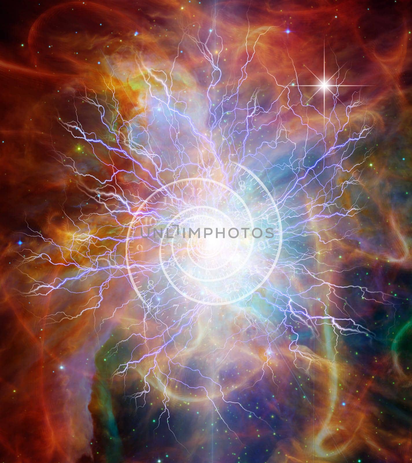 Vivid colorful universe with lightnings and spiral of time.