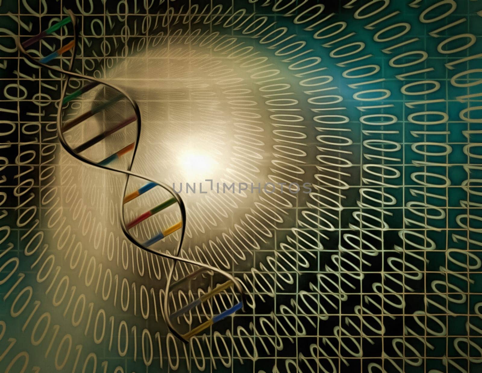 Modern art. DNA chain inside tunnel of binary code.