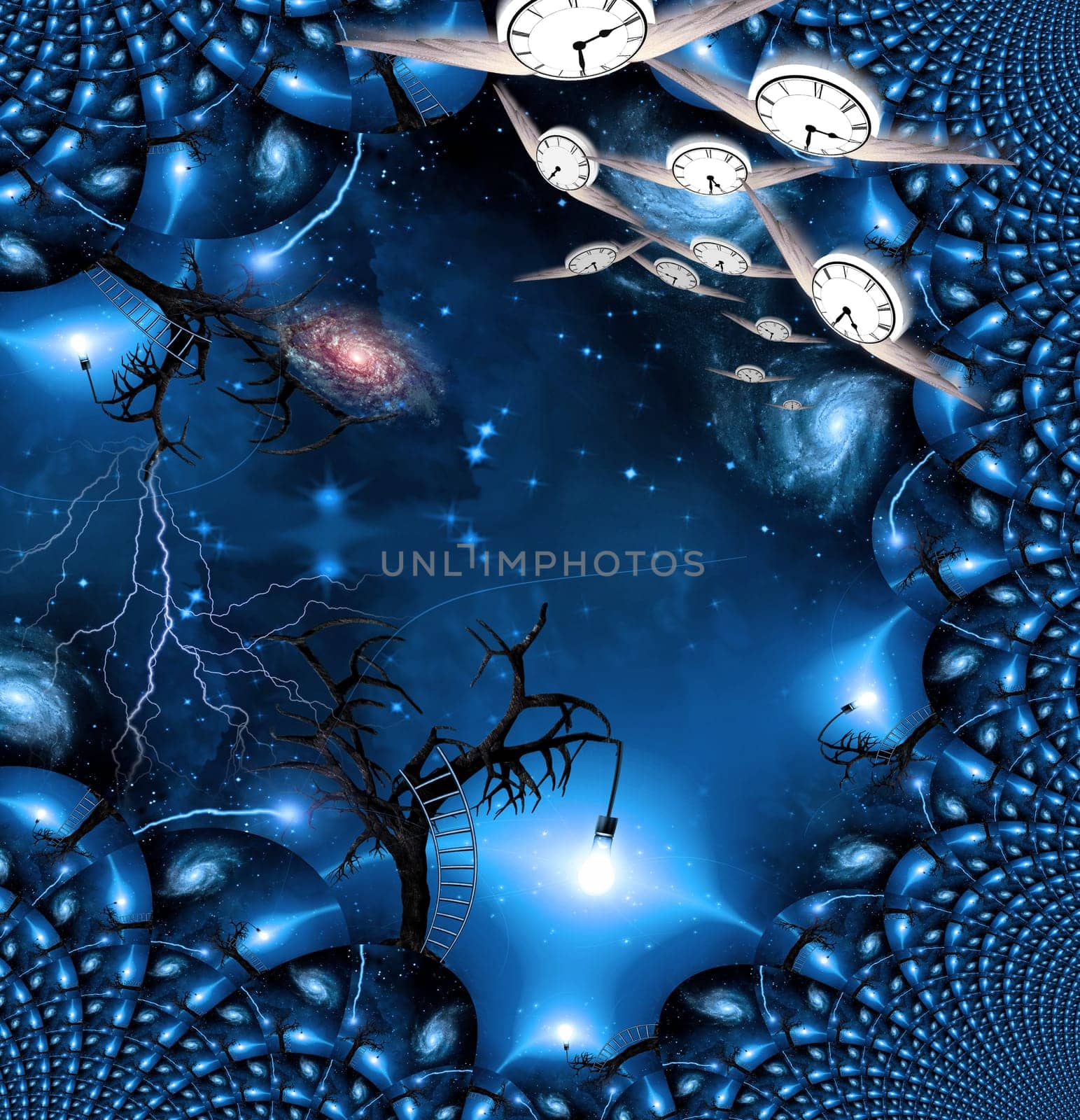 Surreal dimensions. Old tree with one light bulb on a branch. Universe. Winged clocks represents flow of time.