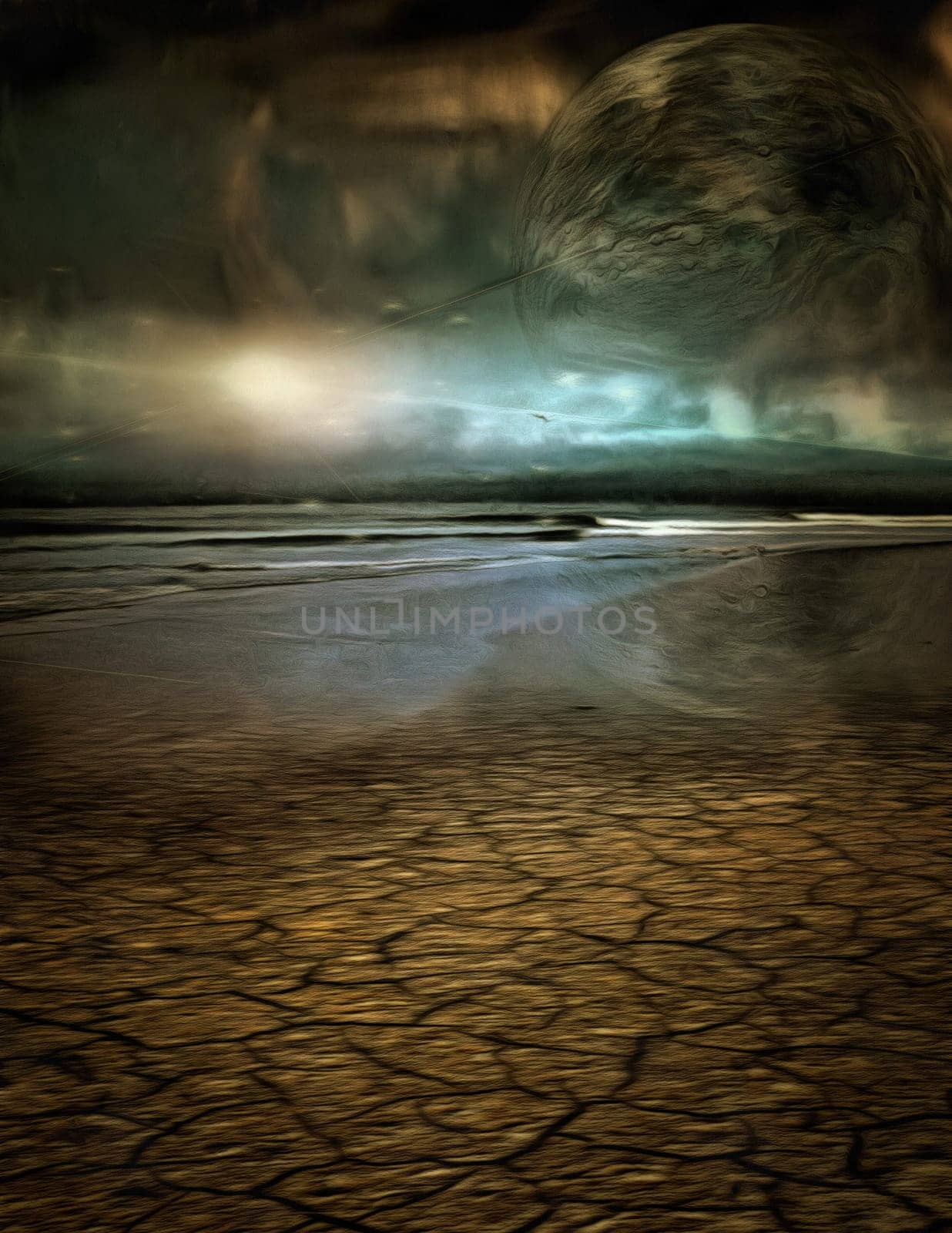 Surreal painting. Desert shore and the sea.