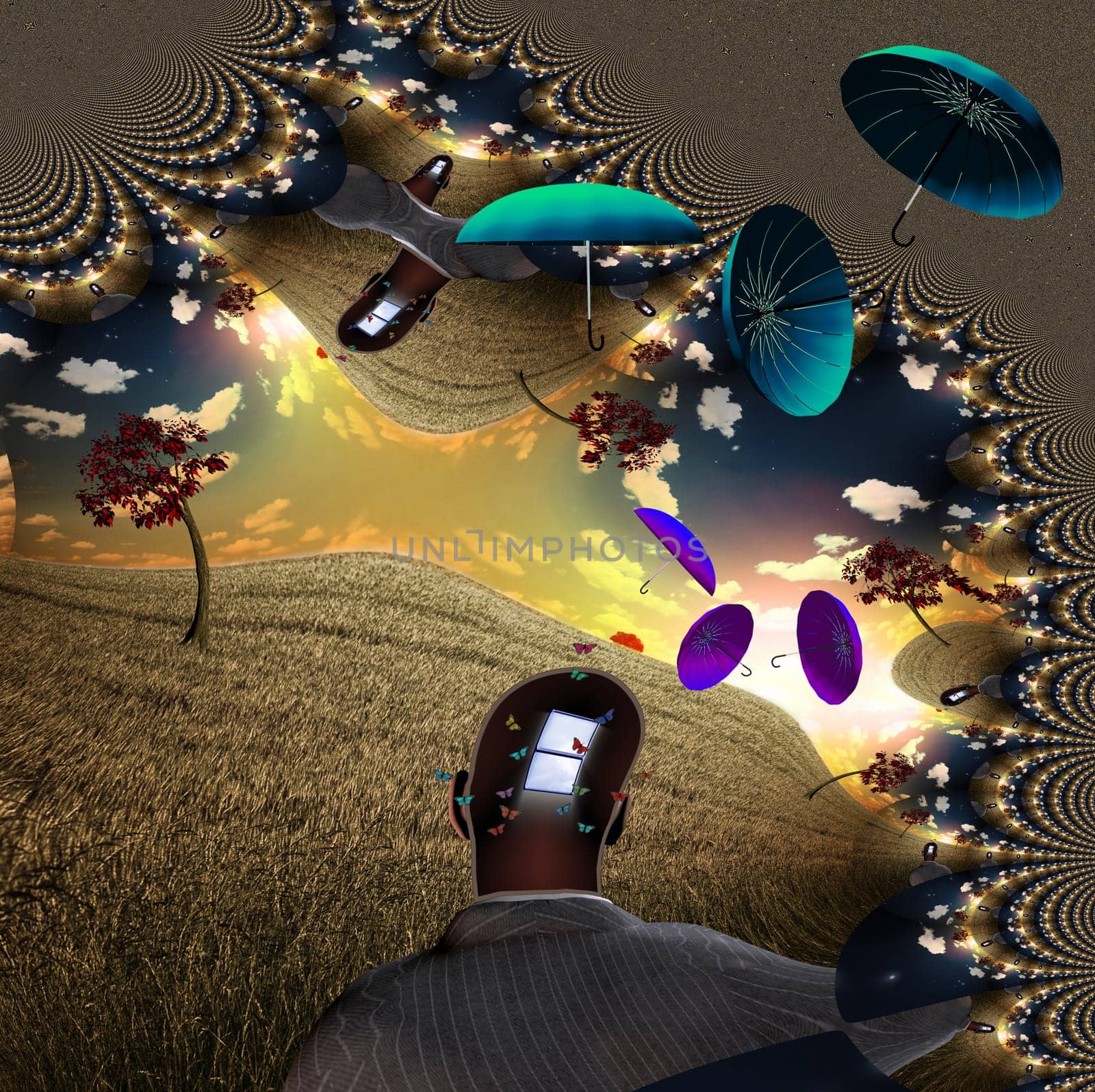 Umbrellas blow through bizarre landscape