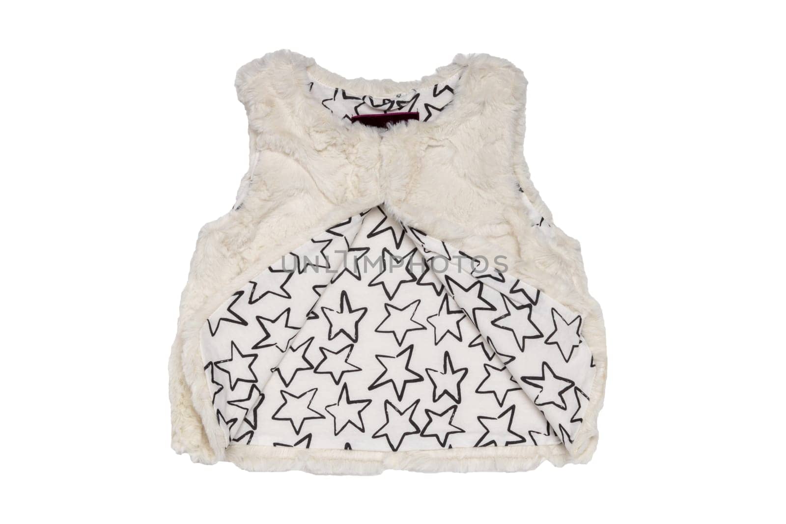 Fur vest. White fur vest for child girls for spring isolated on a white background. Child fashion.