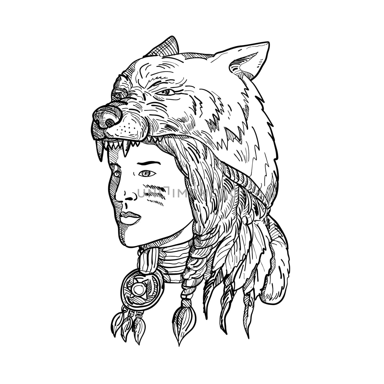 Drawing sketch style illustration of a native American woman wearing a wolf headdress, headgear or headwear looking to side in black and white on isolated background.