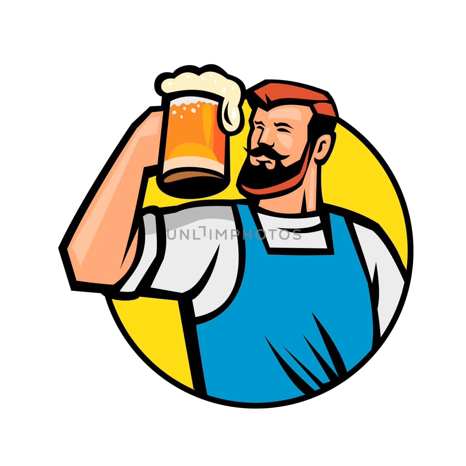 Mascot icon illustration of bust of a bearded hipster toasting a mug of beer or ale set inside circle viewed from front on isolated background in retro style.
