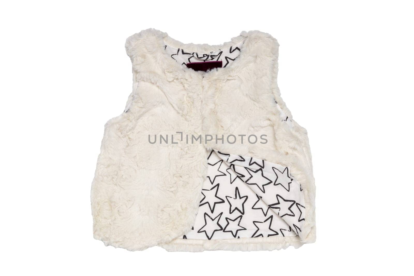 Fur vest. White fur vest for child girls for spring isolated on a white background. Child fashion.