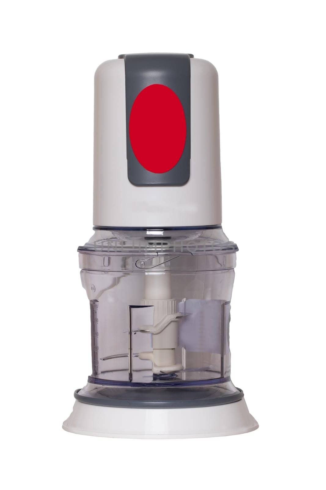 Kitchen appliances isolated. Electric food processor isolated on a white background. Universal usable shredder for fruits, vegetables, meat, nuts and others. Macro.