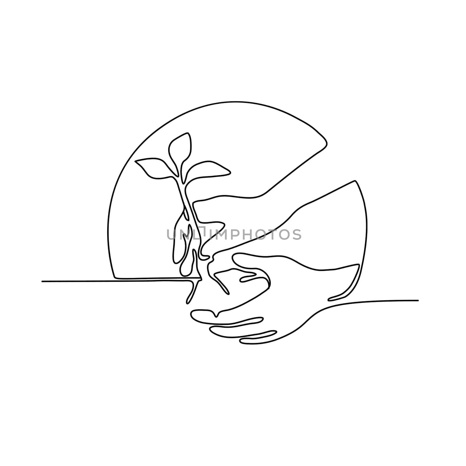Continuous line illustration of a hand planting a tree seedling set inside circle shape done in monoline style in black and white.